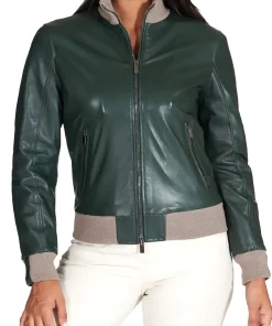 womens-merino-dark-green-faux-leather-bomber-jacket