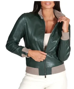 womens-merino-dark-green-faux-leather-bomber-jacket
