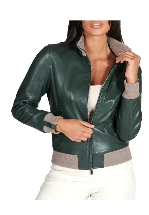 womens-merino-dark-green-faux-leather-bomber-jacket