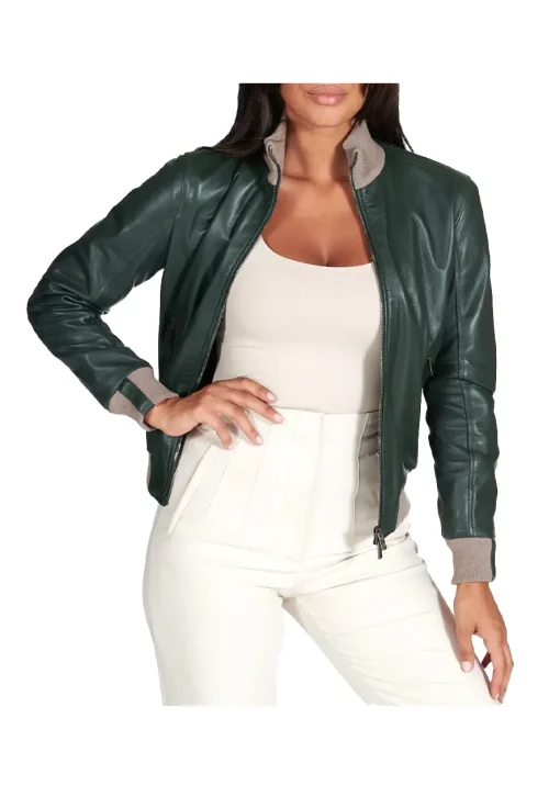 womens-merino-dark-green-faux-leather-bomber-jacket