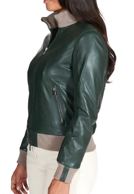 womens-merino-dark-green-faux-leather-bomber-jacket
