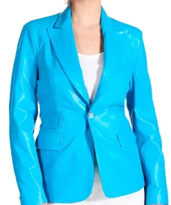 womens-single-button-light-blue-faux-leather-blazer