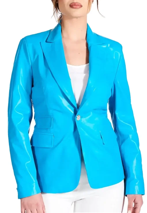 womens-single-button-light-blue-faux-leather-blazer