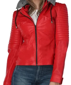 womens-quilted-red-faux-leather-jacket-with-gray-hood
