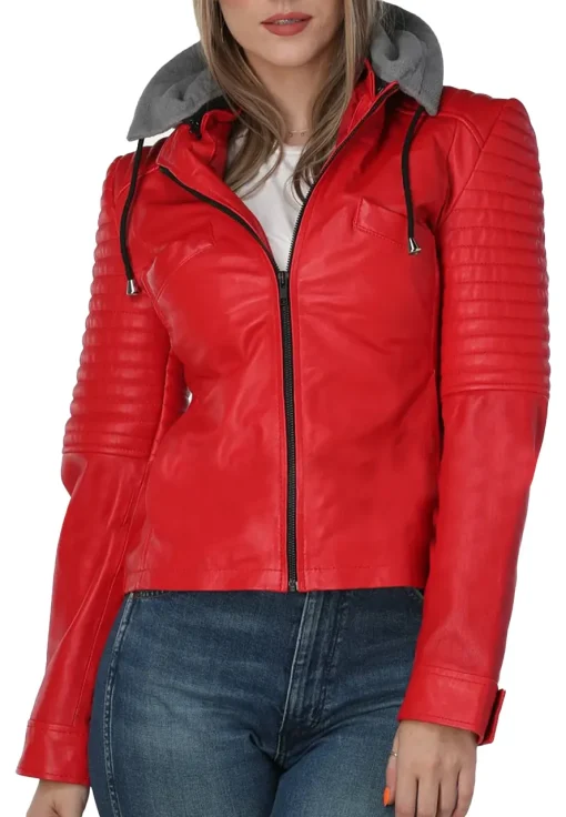 womens-quilted-red-faux-leather-jacket-with-gray-hood