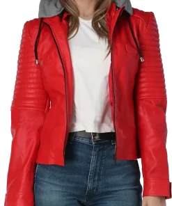 womens-quilted-red-faux-leather-jacket-with-gray-hood