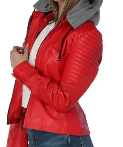 womens-quilted-red-faux-leather-jacket-with-gray-hood
