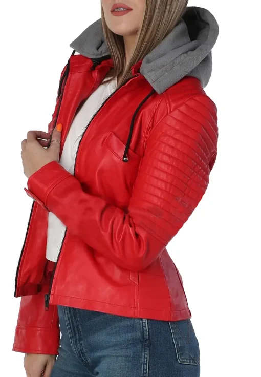 womens-quilted-red-faux-leather-jacket-with-gray-hood