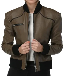 womens-army-green-faux-leather-bomber-jacket