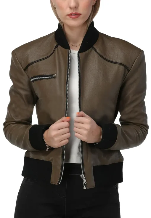 womens-army-green-faux-leather-bomber-jacket
