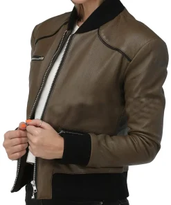 womens-army-green-faux-leather-bomber-jacket