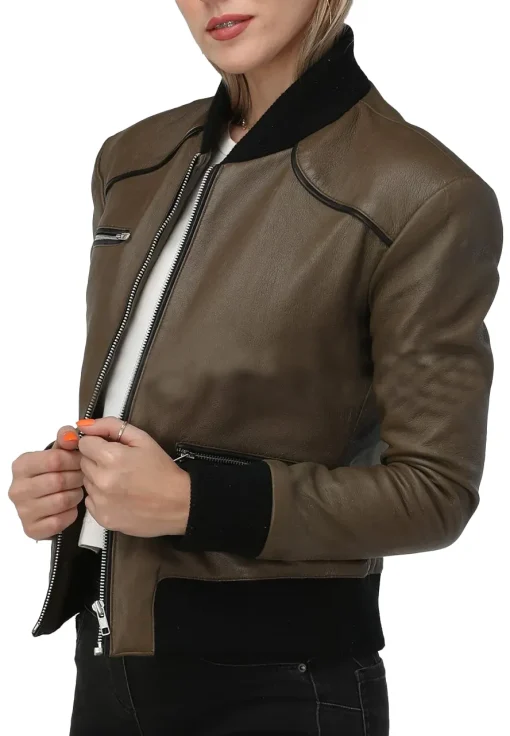 womens-army-green-faux-leather-bomber-jacket