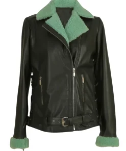womens-black-faux-leather-pop-green-shearling-jacket