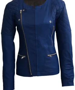 womens-collarless-blue-faux-leather-quilted-shoulder-jacket