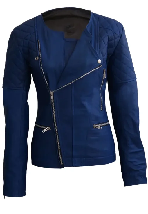 womens-collarless-blue-faux-leather-quilted-shoulder-jacket