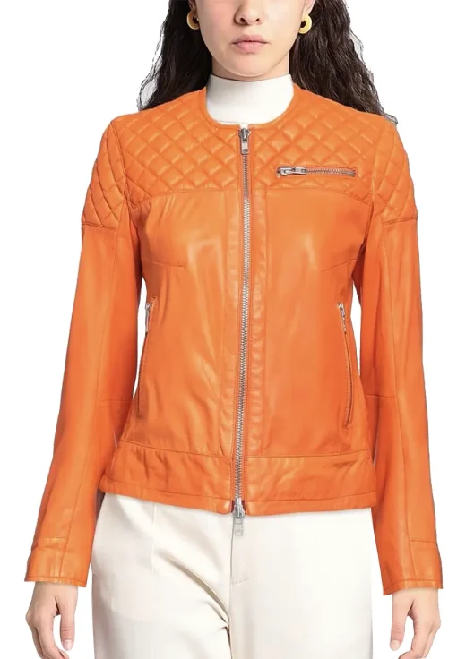 womens-round-collar-orange-faux-leather-biker-jacket