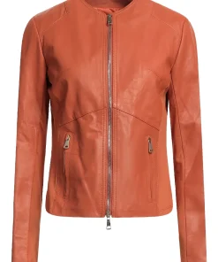 womens-round-collar-orange-faux-leather-jacket