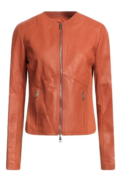 womens-round-collar-orange-faux-leather-jacket