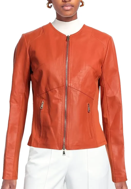 womens-round-collar-orange-faux-leather-jacket
