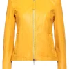 womens-yellow-faux-leather-round-collar-jacket