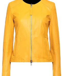 womens-yellow-faux-leather-round-collar-jacket