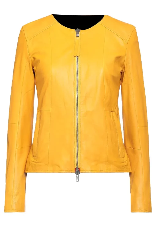 womens-yellow-faux-leather-round-collar-jacket
