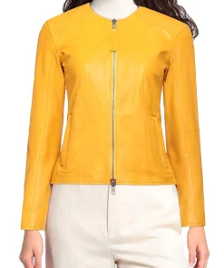 womens-yellow-faux-leather-round-collar-jacket