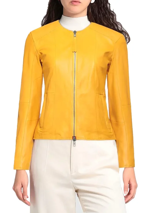 womens-yellow-faux-leather-round-collar-jacket