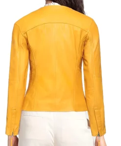 womens-yellow-faux-leather-round-collar-jacket
