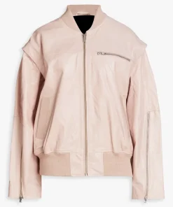 womens-crinkled-pink-faux-leather-bomber-jacket
