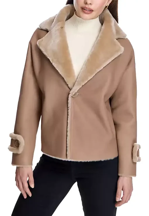 Women’s Dyed Brown Faux Leather Shearling Jacket - Image 2