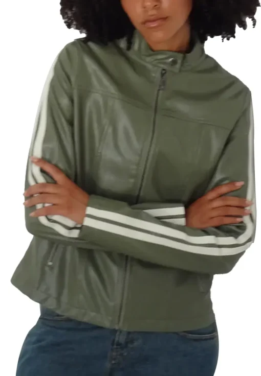 womens-green-faux-leather-biker-jacket-with-ivory-stripe