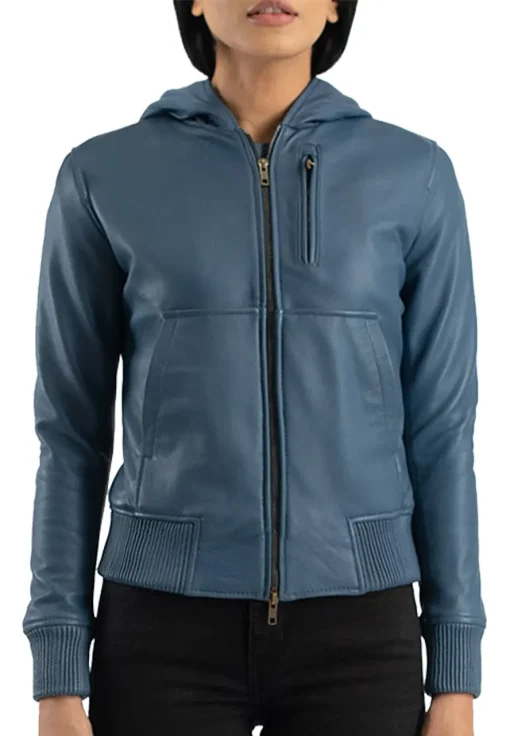 womens-hooded-blue-faux-leather-bomber-jacket