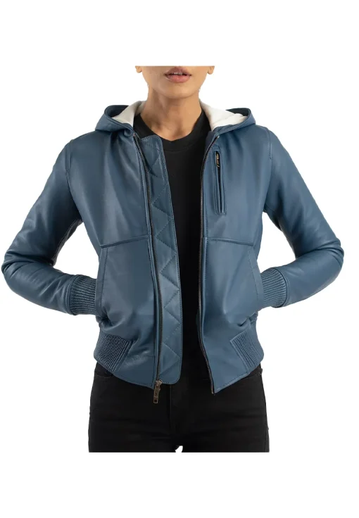womens-hooded-blue-faux-leather-bomber-jacket