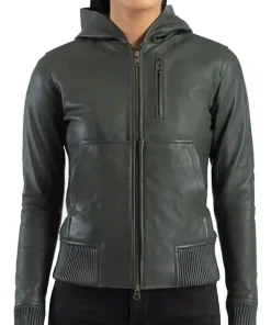 womens-hooded-green-faux-leather-bomber-jacket