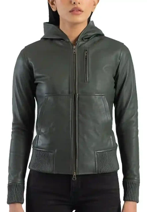 womens-hooded-green-faux-leather-bomber-jacket