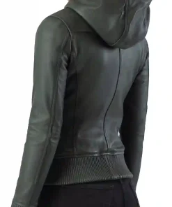womens-hooded-green-faux-leather-bomber-jacket