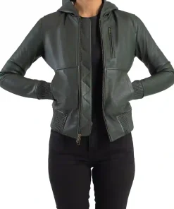 womens-hooded-green-faux-leather-bomber-jacket