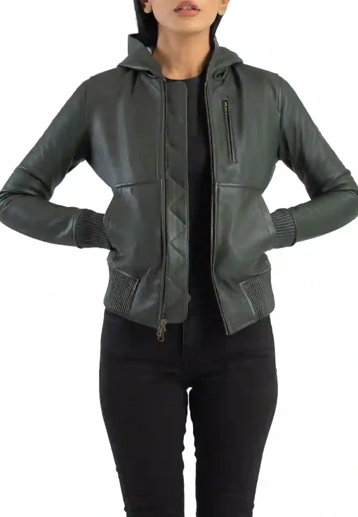 womens-hooded-green-faux-leather-bomber-jacket