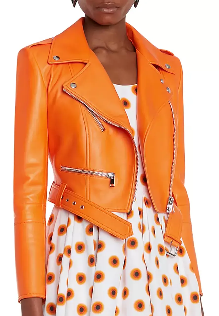 Women’s Orange Faux Leather Cropped Biker Jacket 3 womens-orange-faux-leather-cropped-biker-jacket