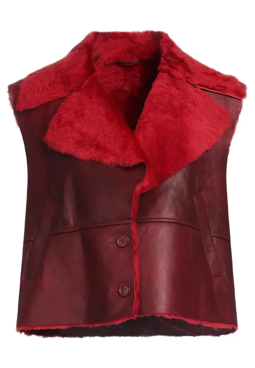 womens-red-faux-leather-shearling-vest