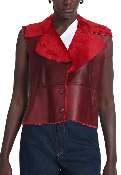 womens-red-faux-leather-shearling-vest