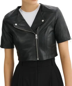 womens-short-sleeve-black-faux-leather-biker-jacket