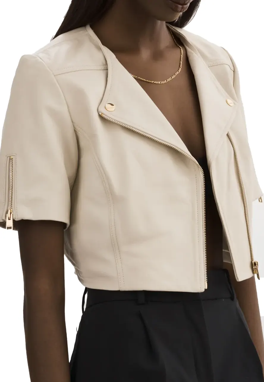 Women’s Short Sleeve Bone Faux Leather Biker Jacket 3 womens-short-sleeve-bone-faux-leather-biker-jacket