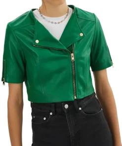 womens-short-sleeve-green-faux-leather-biker-jacket
