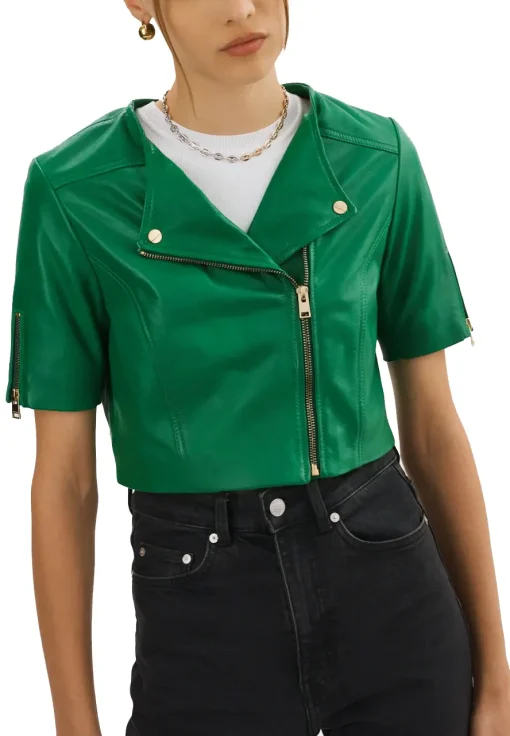womens-short-sleeve-green-faux-leather-biker-jacket
