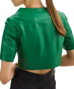 womens-short-sleeve-green-faux-leather-biker-jacket