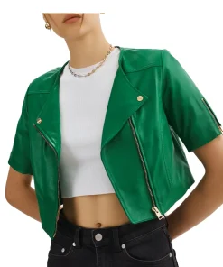 womens-short-sleeve-green-faux-leather-biker-jacket