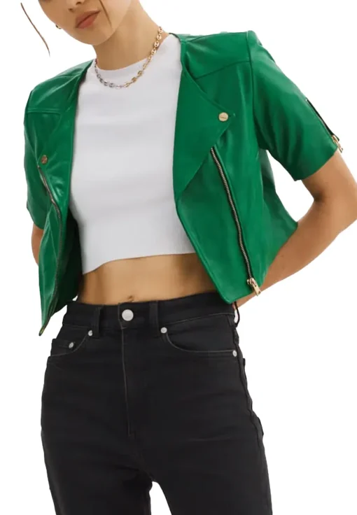 womens-short-sleeve-green-faux-leather-biker-jacket