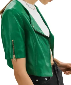 womens-short-sleeve-green-faux-leather-biker-jacket
